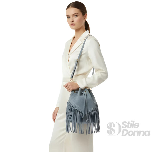 Borsa a Secchiello in Camoscio con Frange - borsa secchiello camoscio