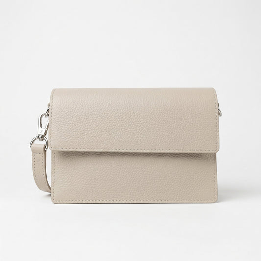 Borsa a tracolla donna luxe crossbody in vera pelle beige con hardware argento e trama in pelle autentica