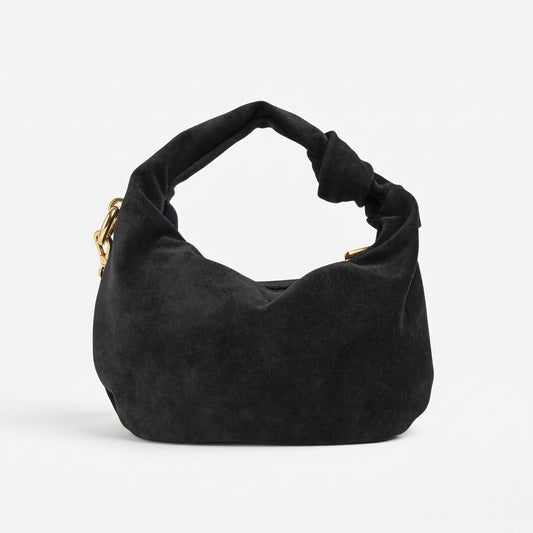 Borsa hobo nera in vitello scamosciata con manico annodato e catena oro e borsa da donna online elegante