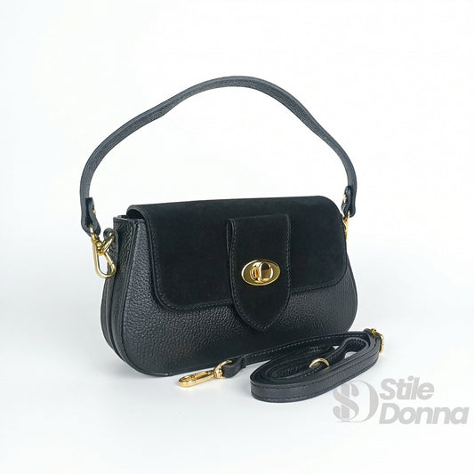 Borsa bella nova crossbody in vera pelle nera con chiusura ovale dorata e tracolla abbinata