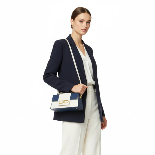 Borsa Bicolore Blu e Crema con Chiusura Dorata - borsa bicolore blu