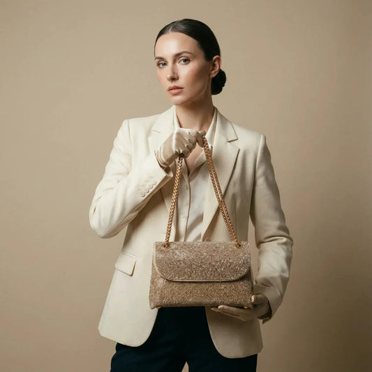 Borsa Clutch con Patta e Strass Dorati - scintillante borsa tracolla