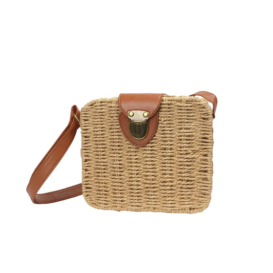 Borsa Intrecciata a Scatola in Paglia e Pelle - borsa tracolla intrecciata
