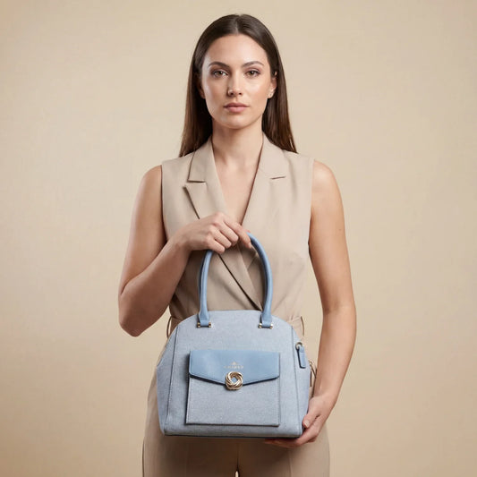 Borsa Strutturata Azzurra con Manico Superiore - borsa pelle testurizzata