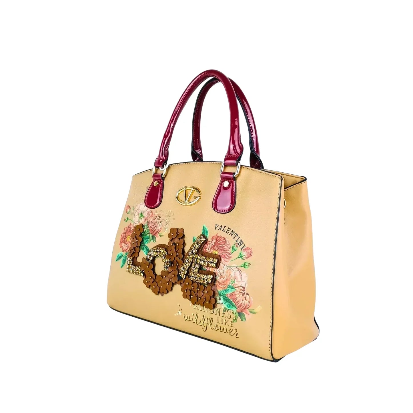 Borsa Tote da Donna con Ricamo Floreale e Scritta Love in Paillettes - borsa beige manici