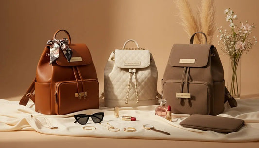 Tre backpacks stile in marrone, crema trapuntato e taupe con hardware metallico