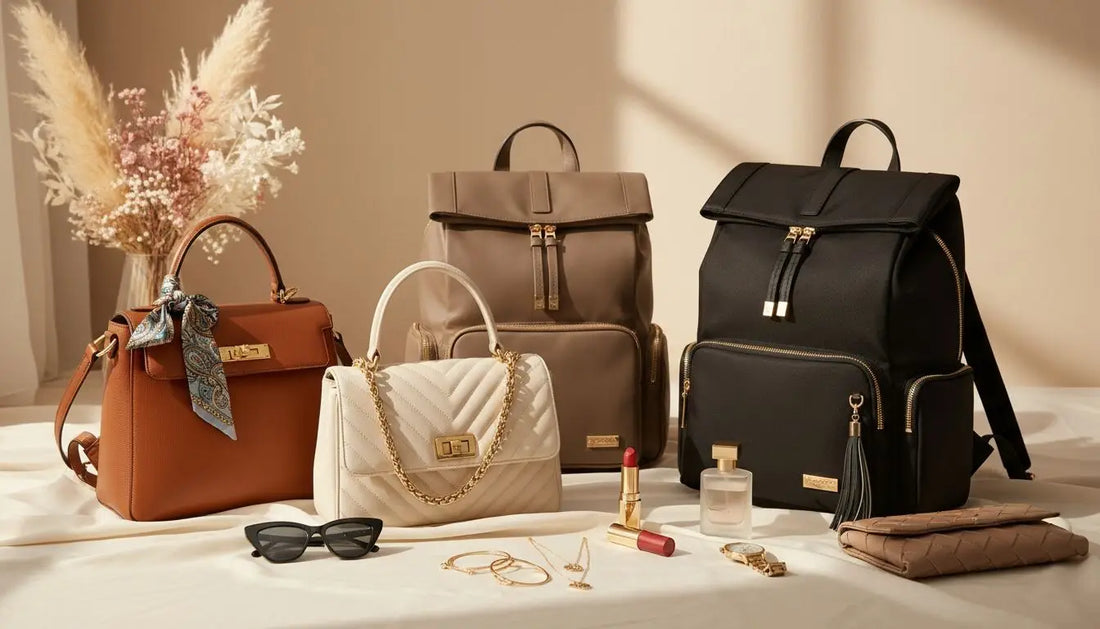 Marrone zaino in pelle con fibbia metallica e sciarpa fantasia sull’impugnatura