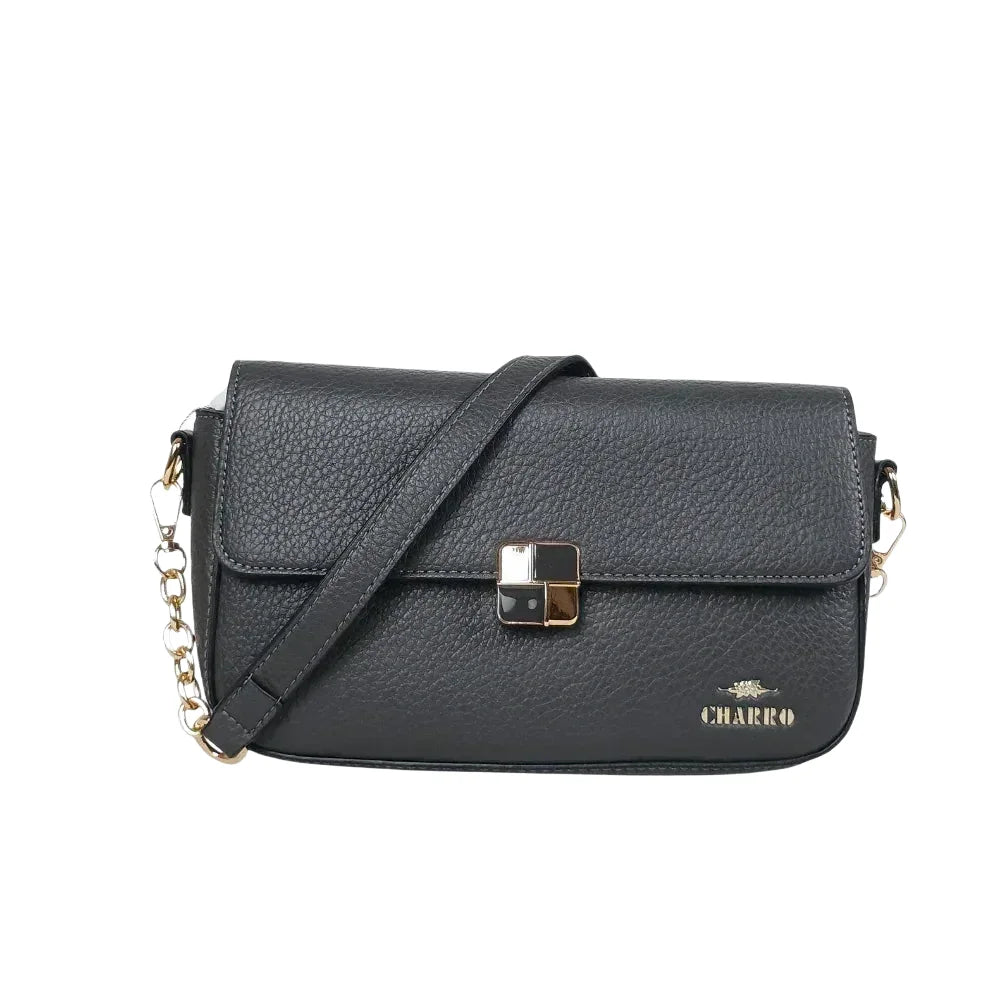 Borsa crossbody in pelle nera ciottolata con catena dorata, stile donna bags