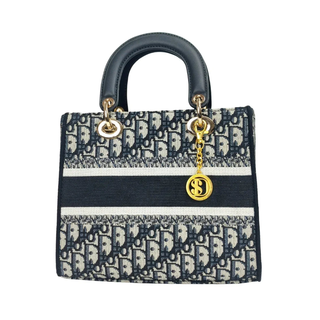 Borsa Lady Dior stile donna blu navy e bianco con manici neri