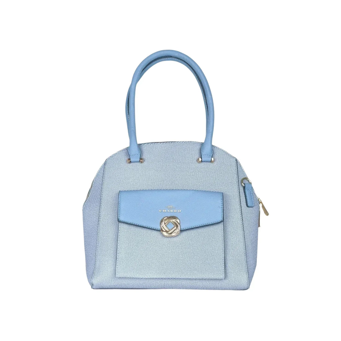 Borsa stile donna azzurra chiara con patina, manici coordinati e chiusura a girella oro