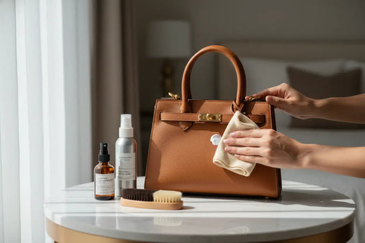 Tan leather Hermès Kelly handbag with gold hardware for leather bag care