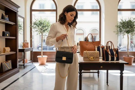 Black quilted Italian designer handbag with gold chain strap