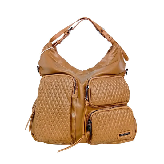 Borsa hobo in pelle tan con tasche trapuntate a rombi stile donna