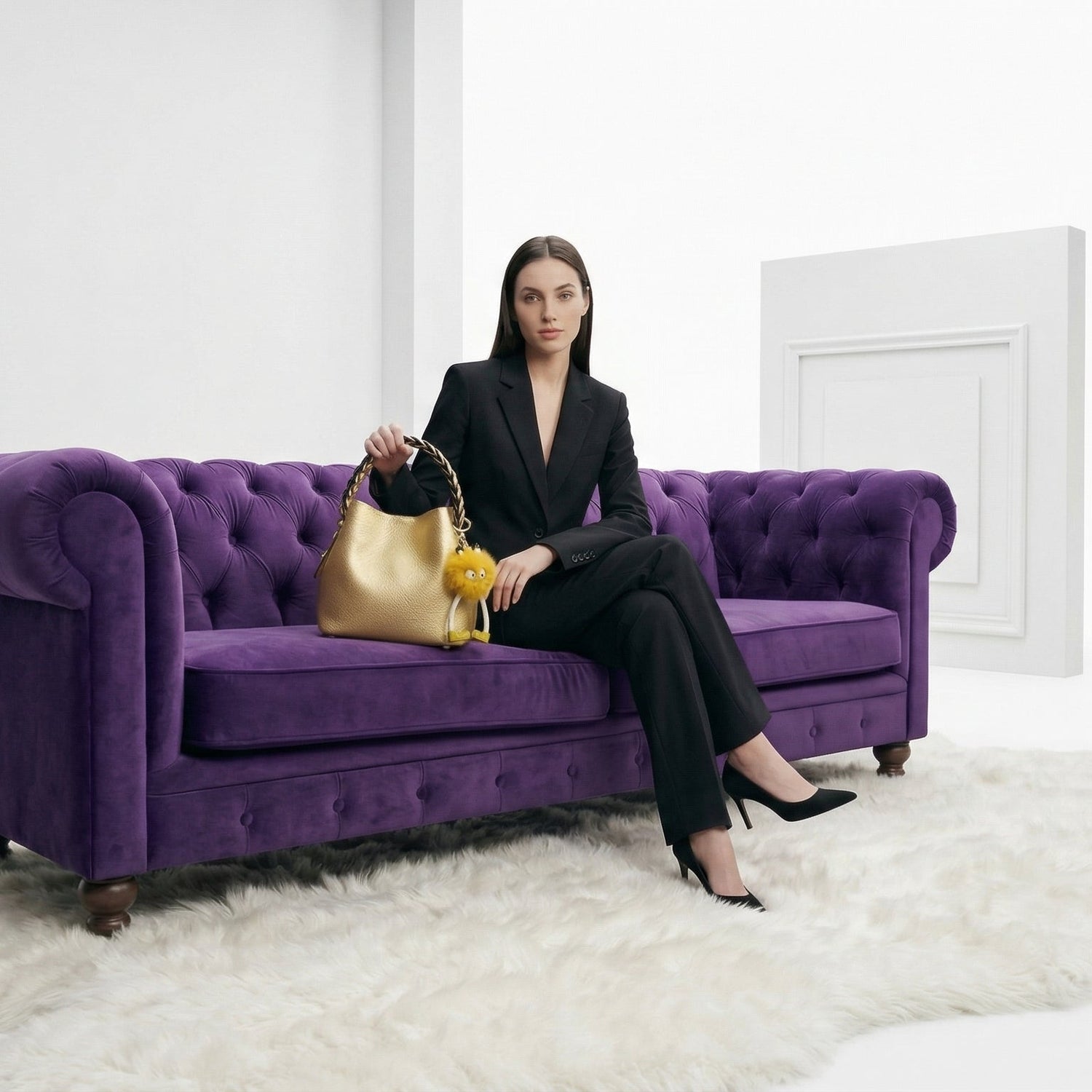 Borsa bucket in pelle oro testurizzata con manici trecciati neri e charm peloso giallo stile donna bags