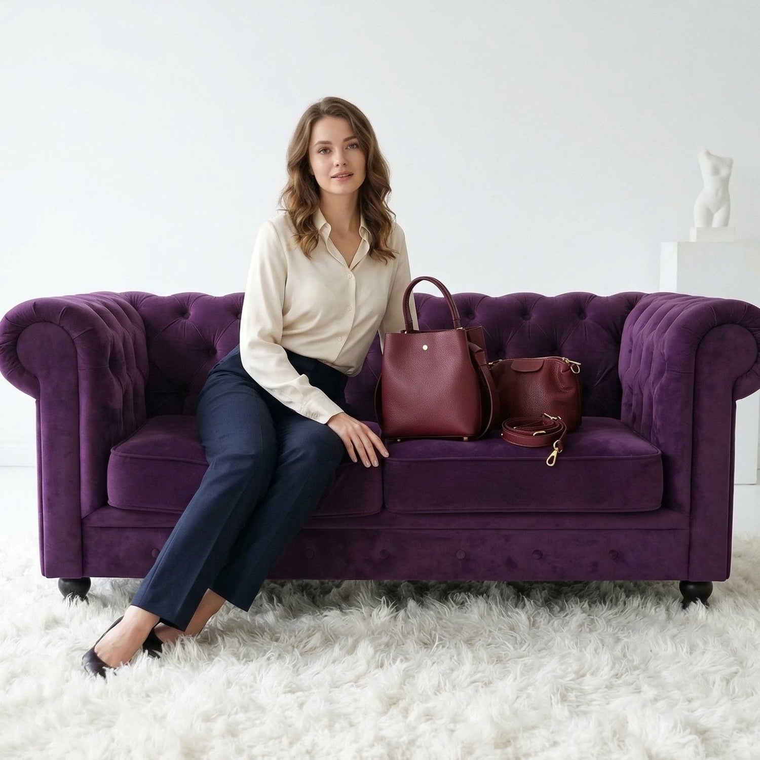 Borsa in vera pelle color tan con tracolla in pelle marrone e chiusura oro