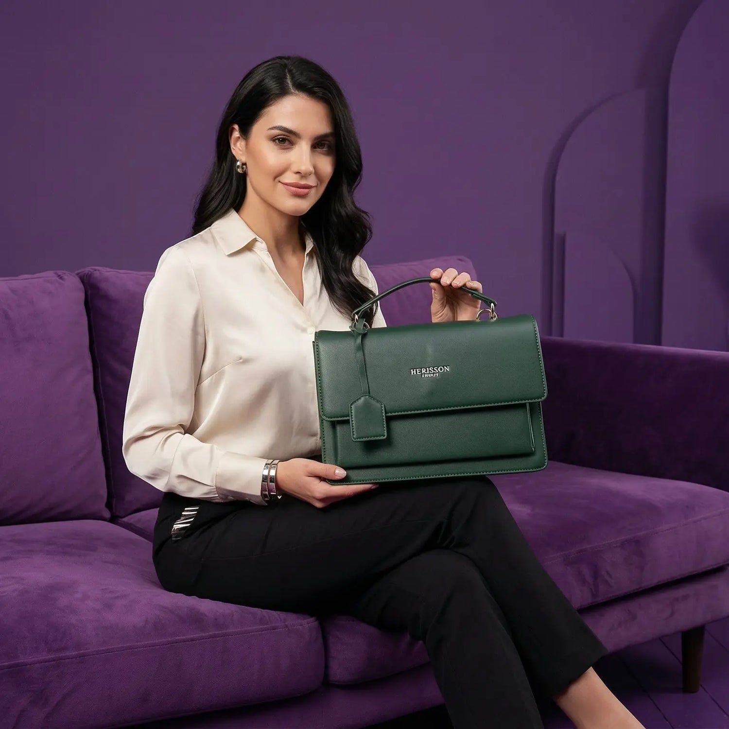 Borsa Herisson Firenze verde scuro con patta strutturata e hardware dorato