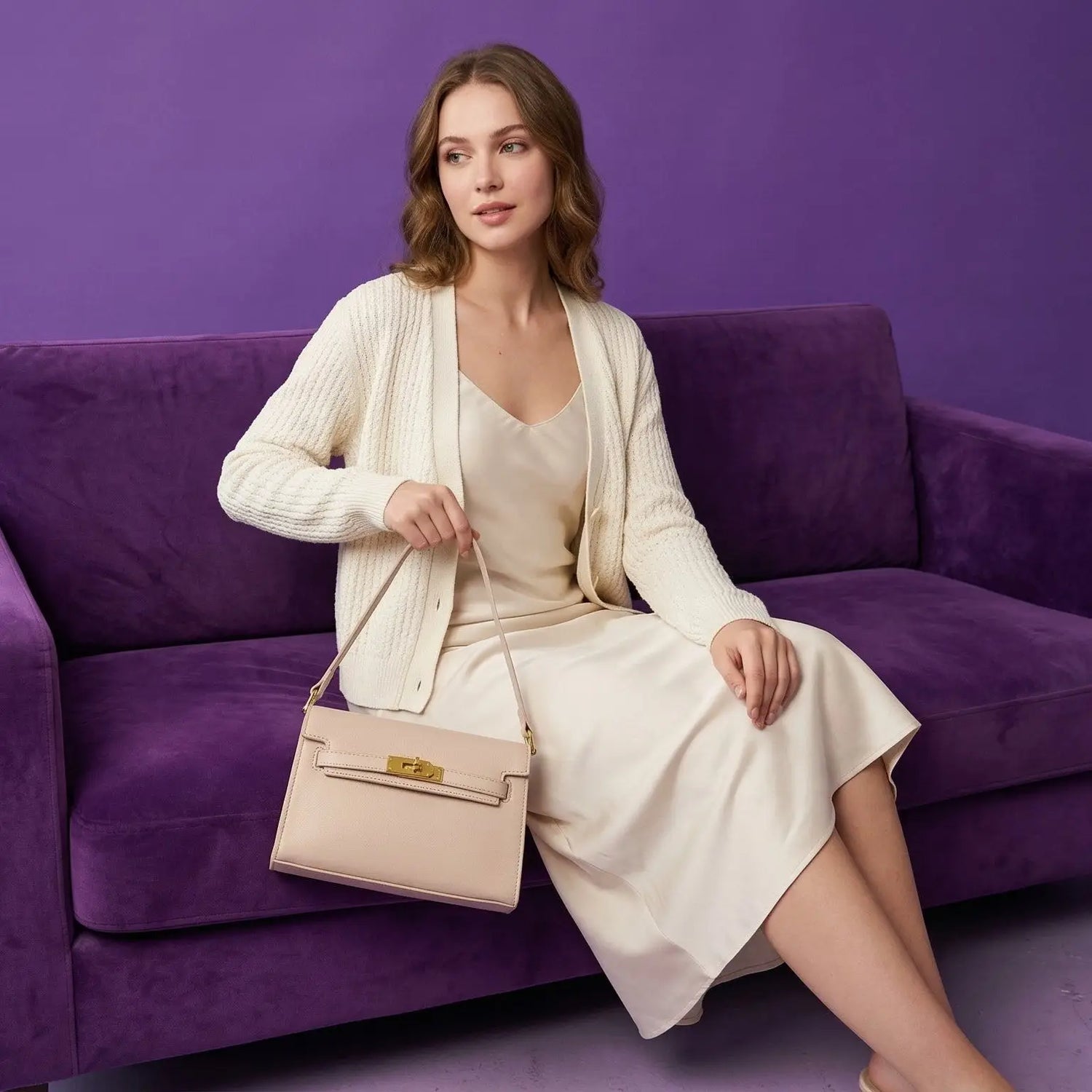 Borsa in pelle marrone per donna con pattina, tracolla sottile e occhiali laterali.