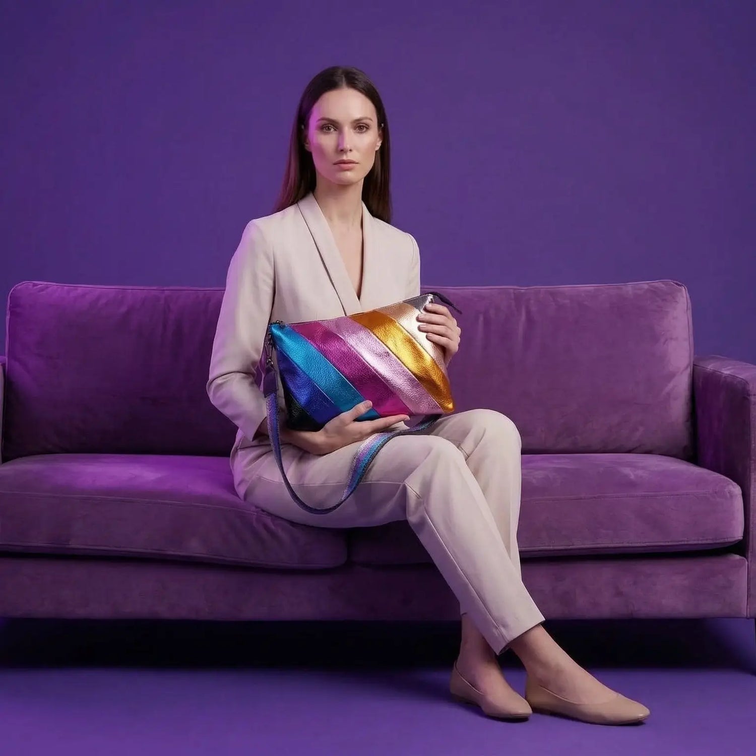 Borsa crossbody righe oblique iridescente in collezione borse designer limitata