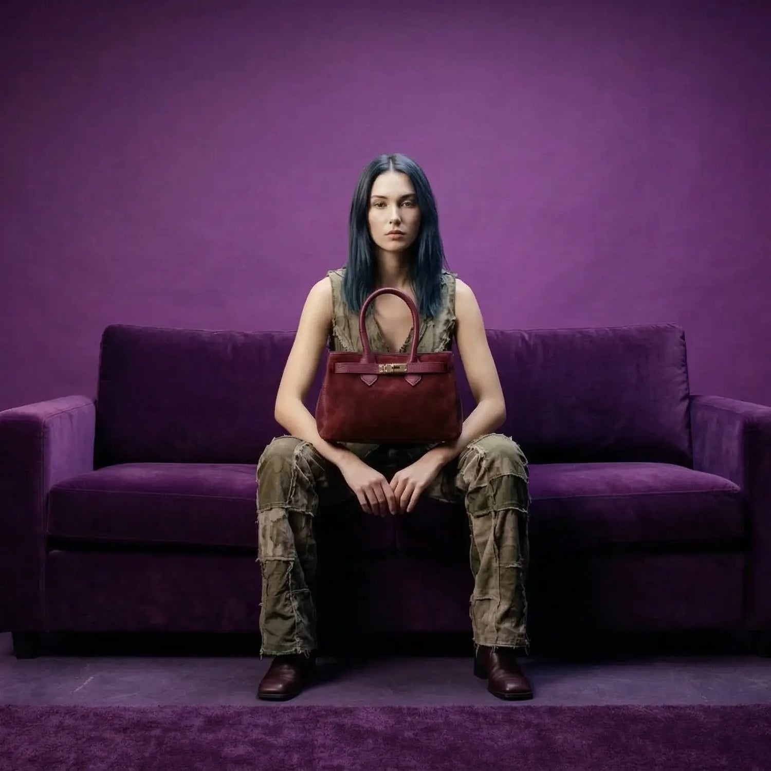 Nuove borse stile donna: borsa in suede bordeaux con chiusura e manici oro