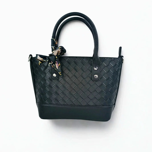 Black Leather Shopper Bag with Woven Texture and Scarf Accent - Stile Donna Bags