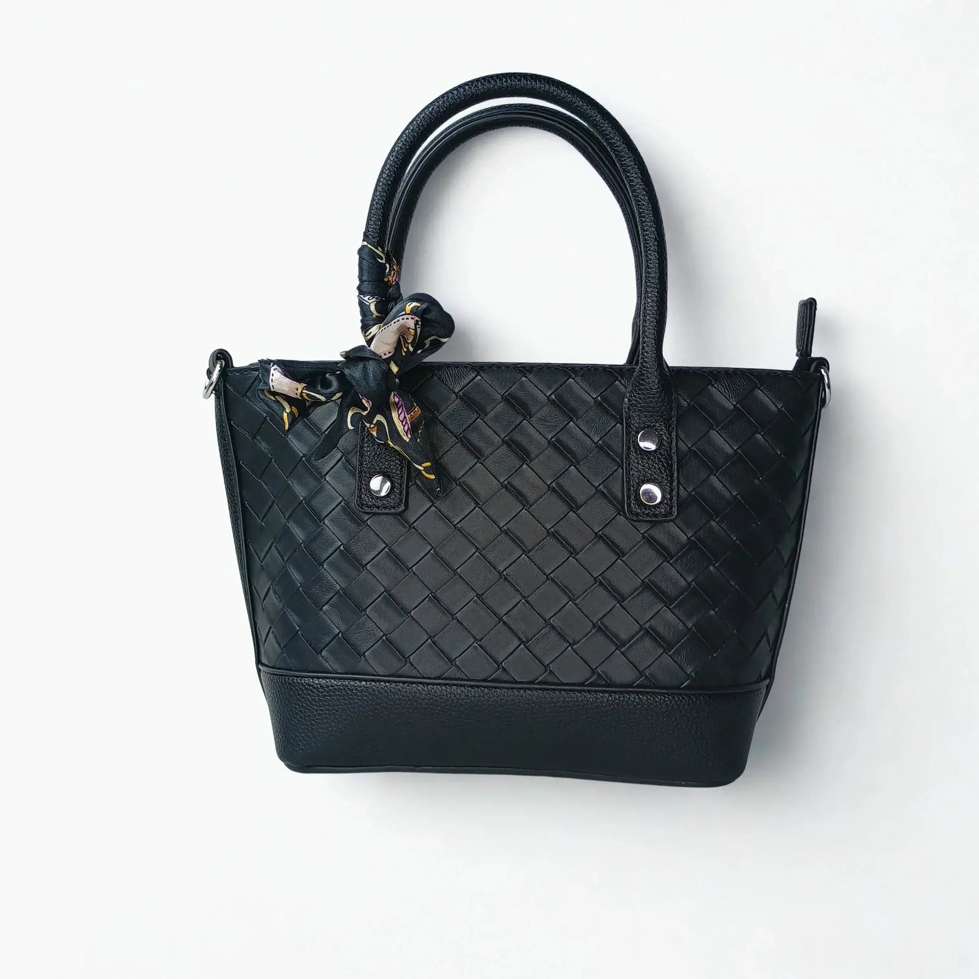 Black Leather Shopper Bag with Woven Texture and Scarf Accent - Stile Donna Bags