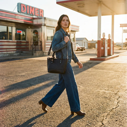 Black Leather Shopper Bag with Woven Texture and Scarf Accent - Stile Donna Bags