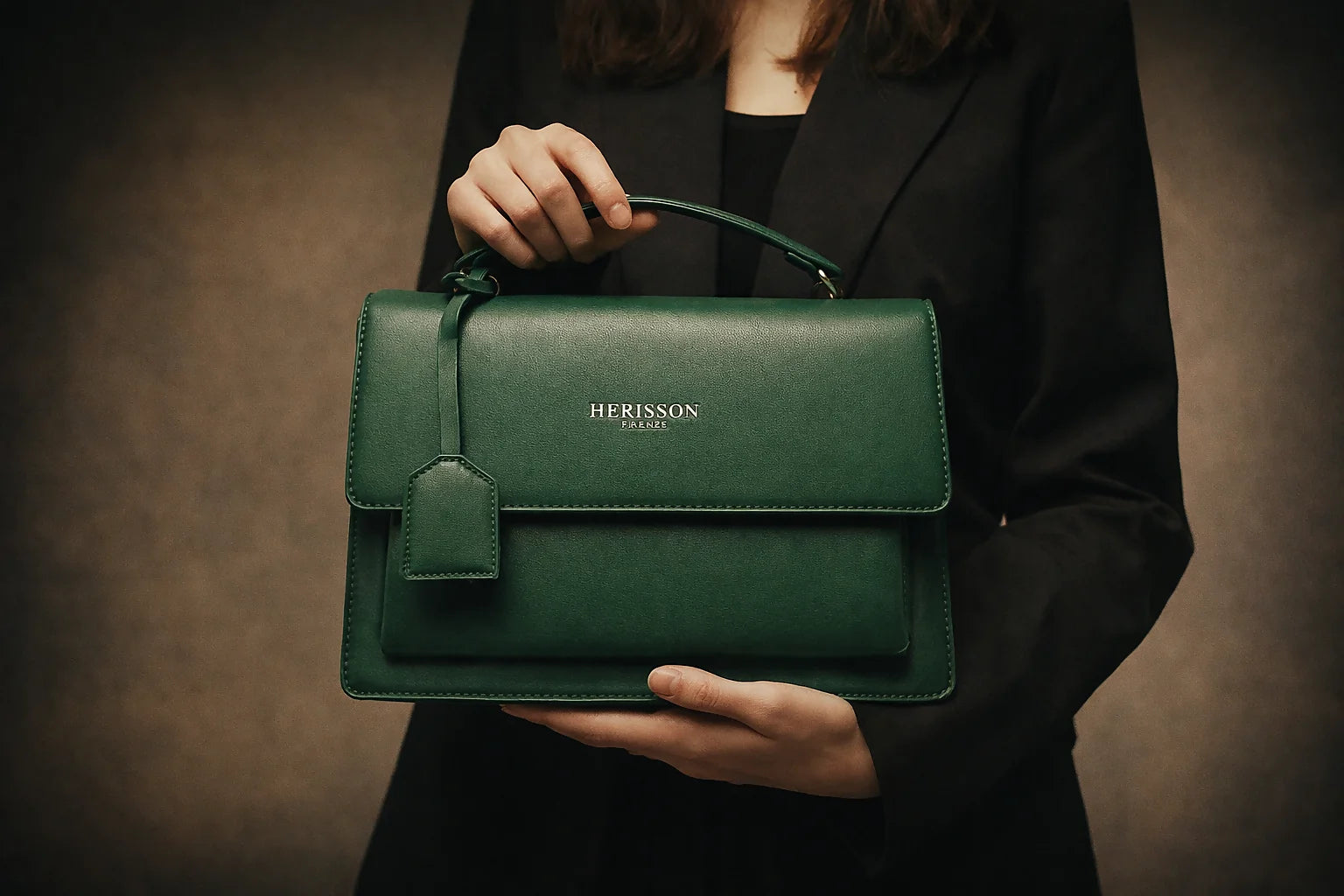 Green handbag with 'Hermès' logo held by a person against a dark background