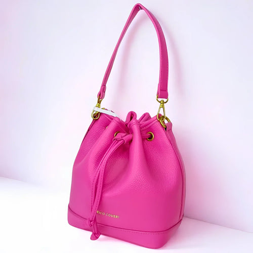 Leather Bucket Bag in Bright Pink and Black - MS-3271 - Stile Donna Bags