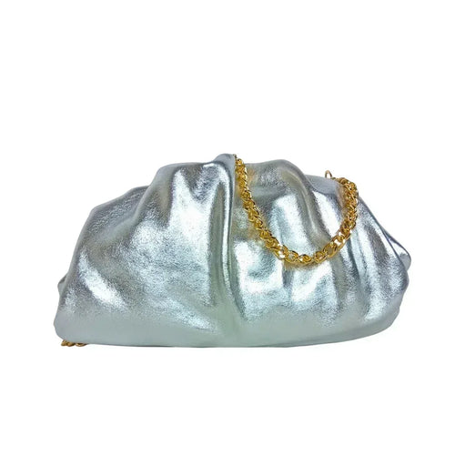 Metallic silver ruched clutch bag with gold chain MS-8799 - Stile Donna Bags