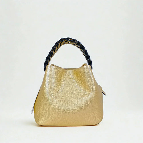 Mustard Yellow Leather Bucket Handbag with Braided Handle - Stile Donna Bags