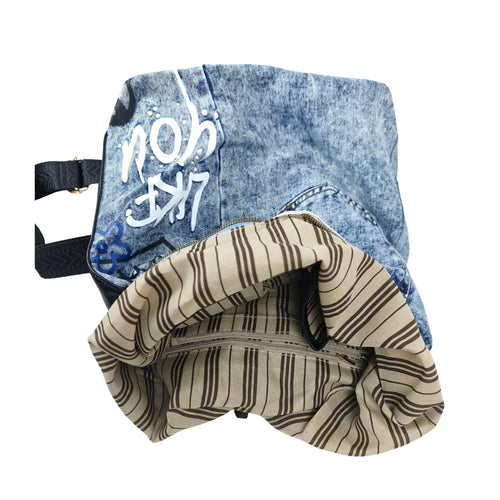 Upcycled Denim & Vegan Leather Backpack | Urban Graffiti Streetwear Bag - Stile Donna Bags