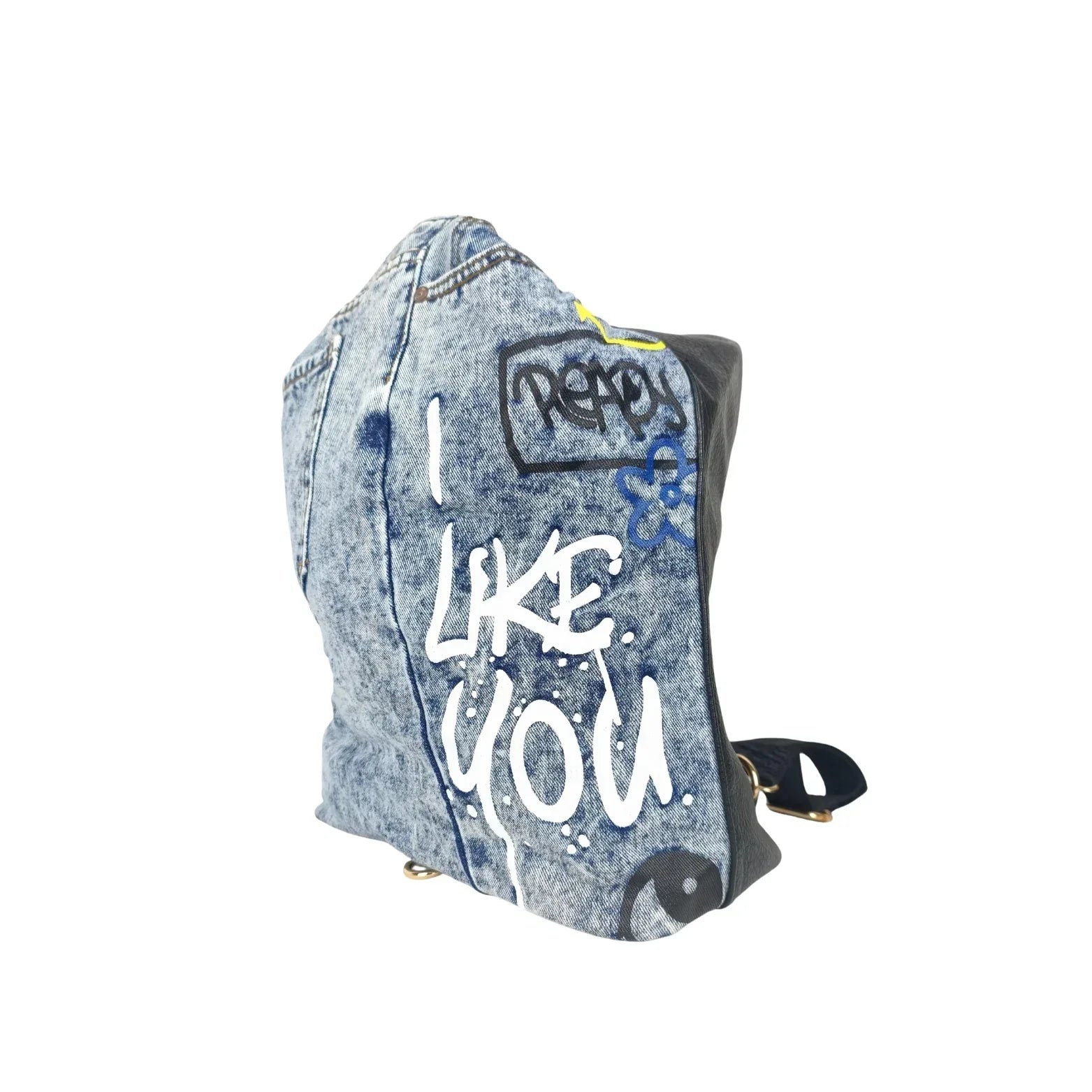 Upcycled Denim & Vegan Leather Backpack | Urban Graffiti Streetwear Bag - Stile Donna Bags