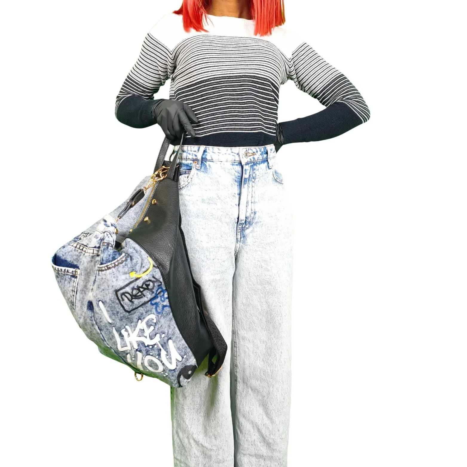 Upcycled Denim & Vegan Leather Backpack | Urban Graffiti Streetwear Bag - Stile Donna Bags