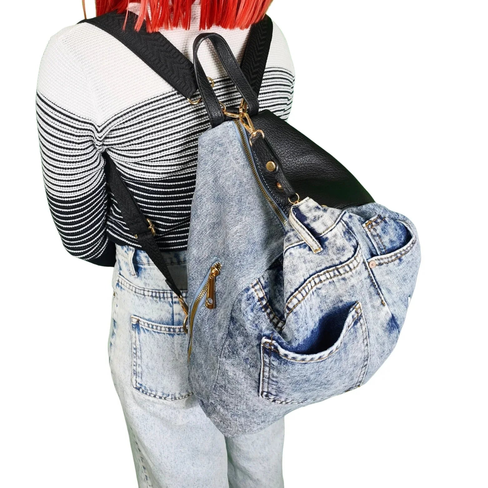 Upcycled Denim & Vegan Leather Backpack | Urban Graffiti Streetwear Bag - Stile Donna Bags