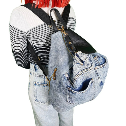 Upcycled Denim & Vegan Leather Backpack | Urban Graffiti Streetwear Bag - Stile Donna Bags