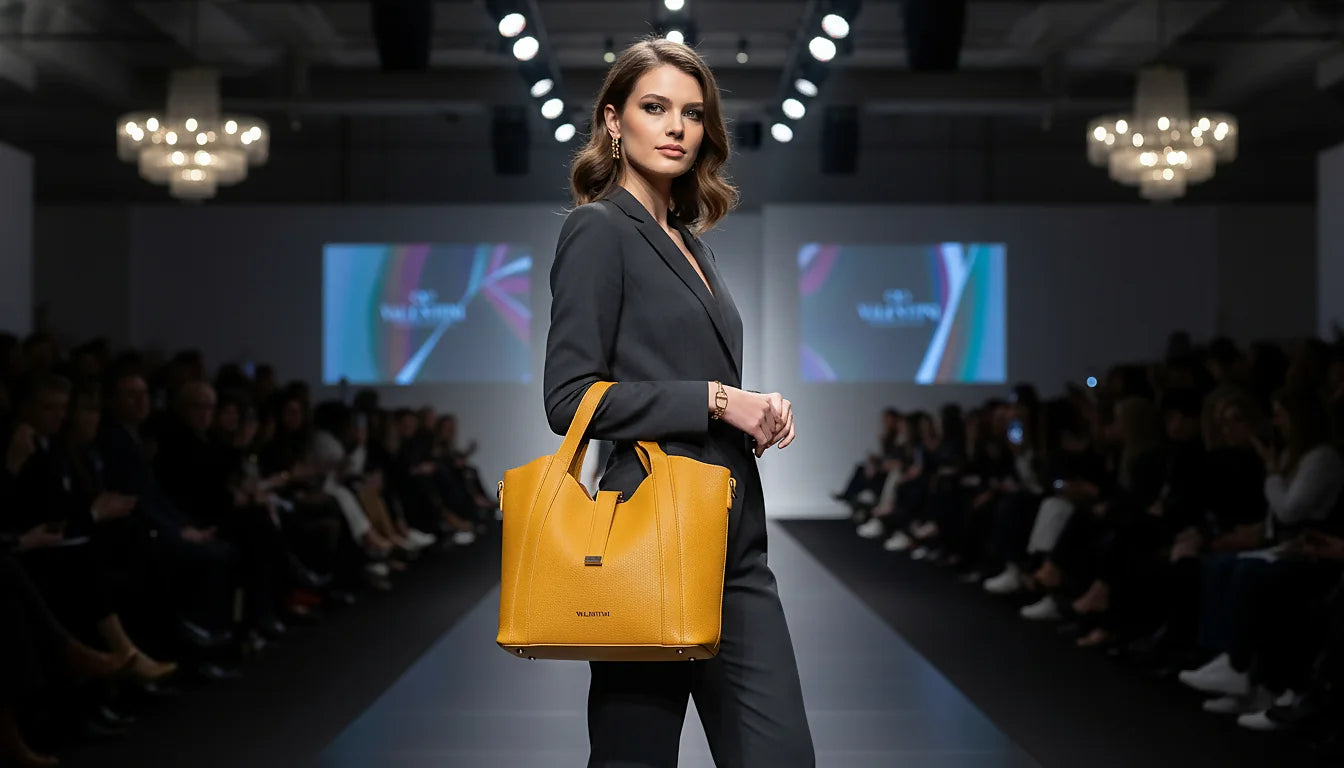 Woman holding a yellow handbag on a fashion show runway