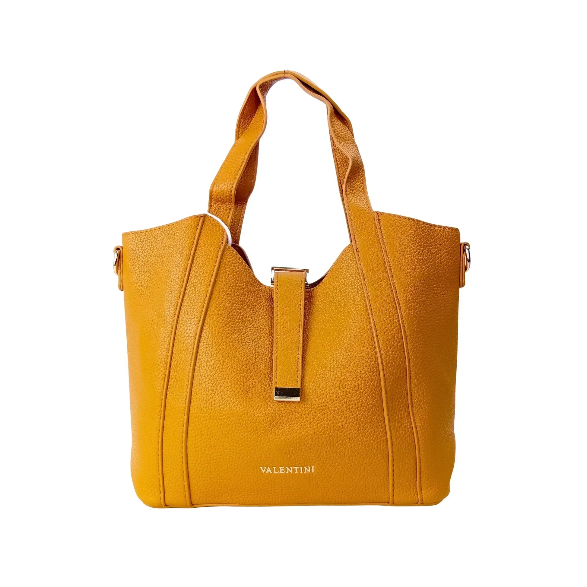 Yellow handbag with 'Valentini' branding on a white background