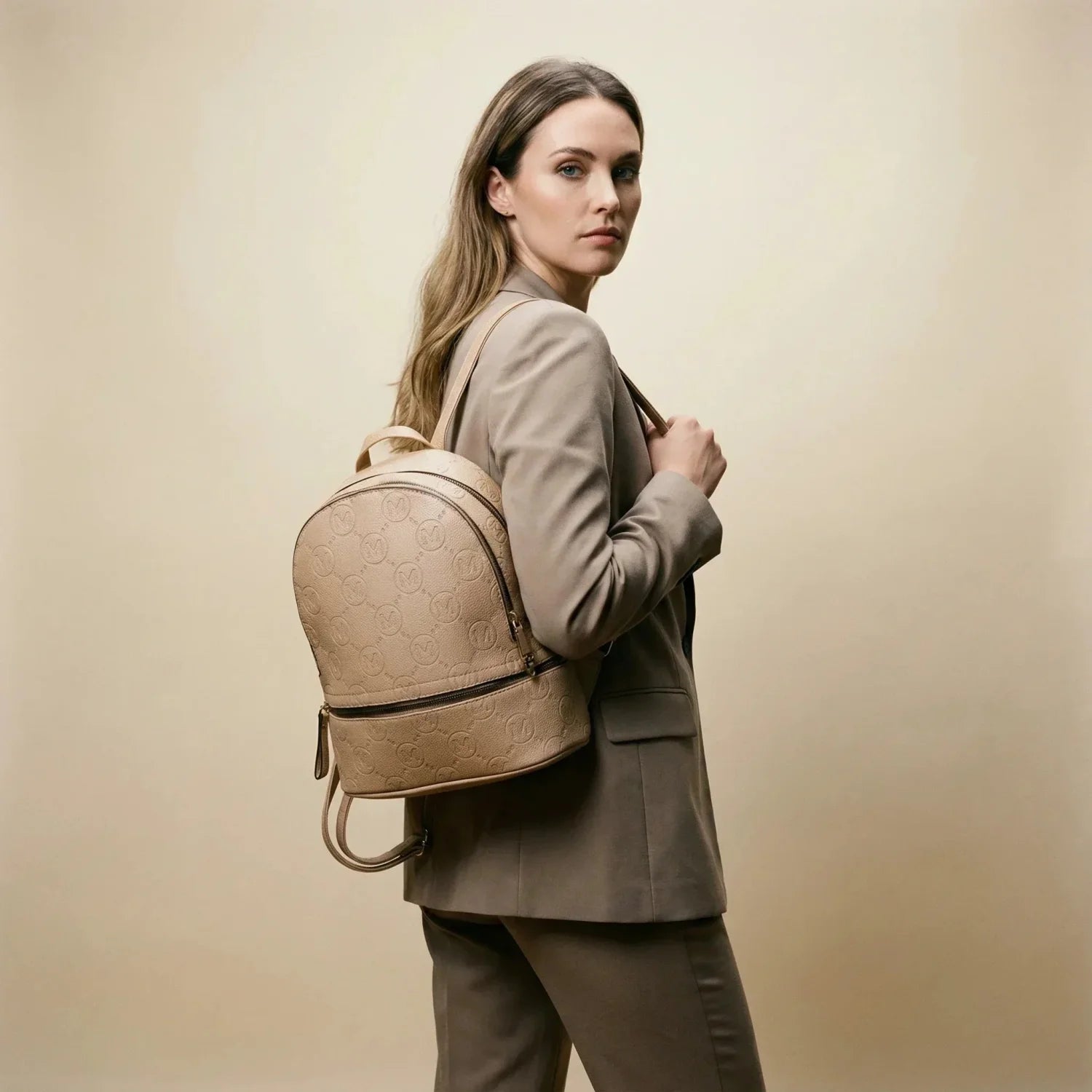 Beige and Black Leather Backpack - MS-4911 - Stile Donna Bags