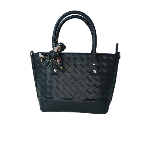Black Leather Shopper Bag with Woven Texture and Scarf Accent - Stile Donna Bags