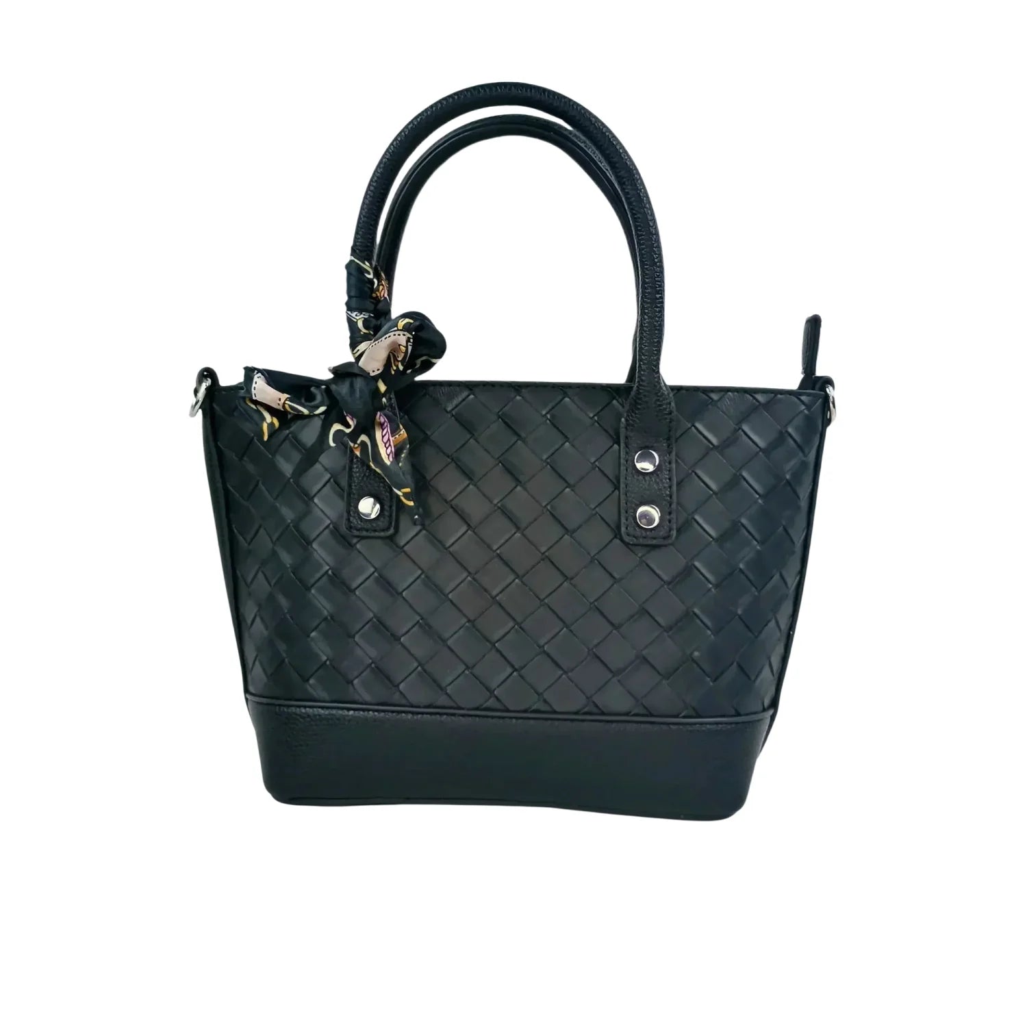 Black Leather Shopper Bag with Woven Texture and Scarf Accent - Stile Donna Bags