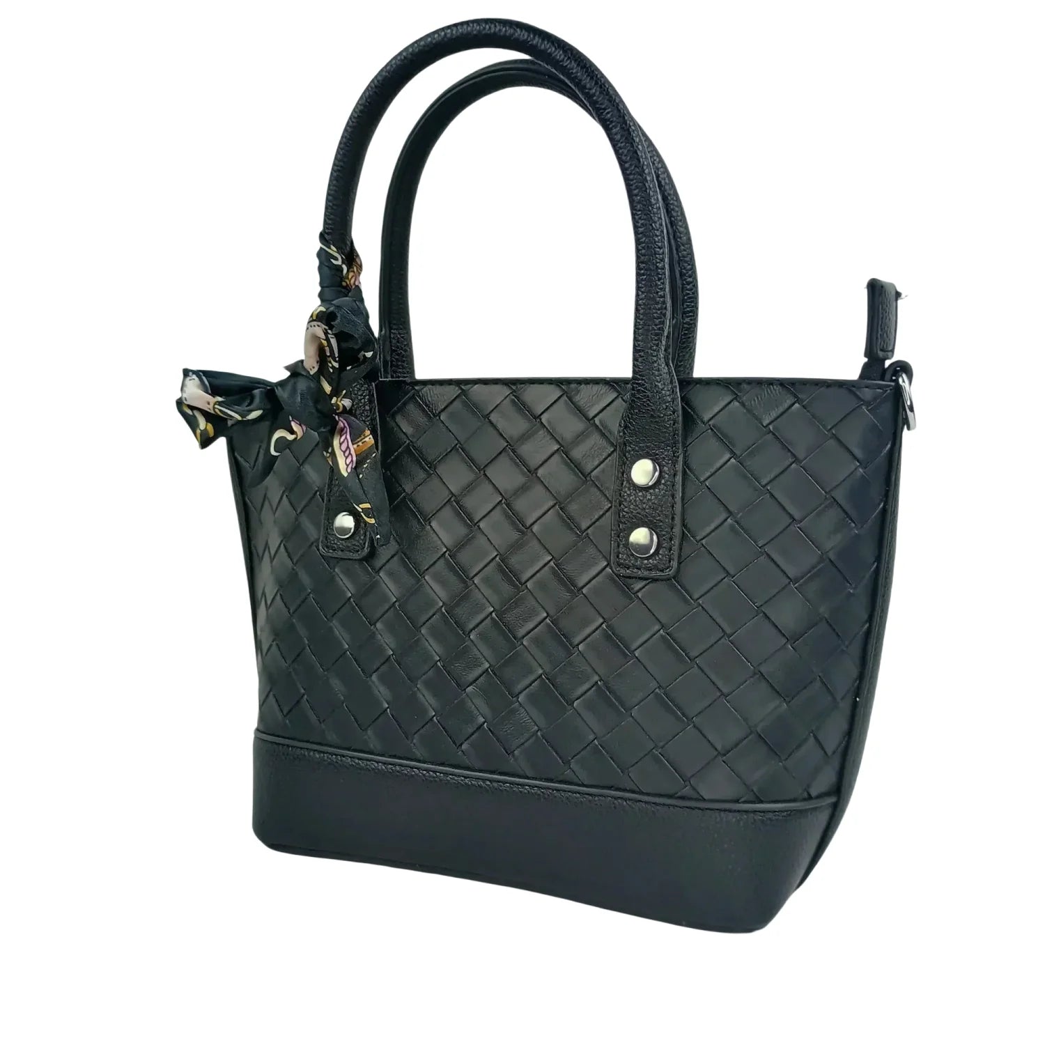 Black Leather Shopper Bag with Woven Texture and Scarf Accent - Stile Donna Bags