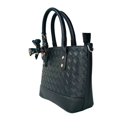 Black Leather Shopper Bag with Woven Texture and Scarf Accent - Stile Donna Bags