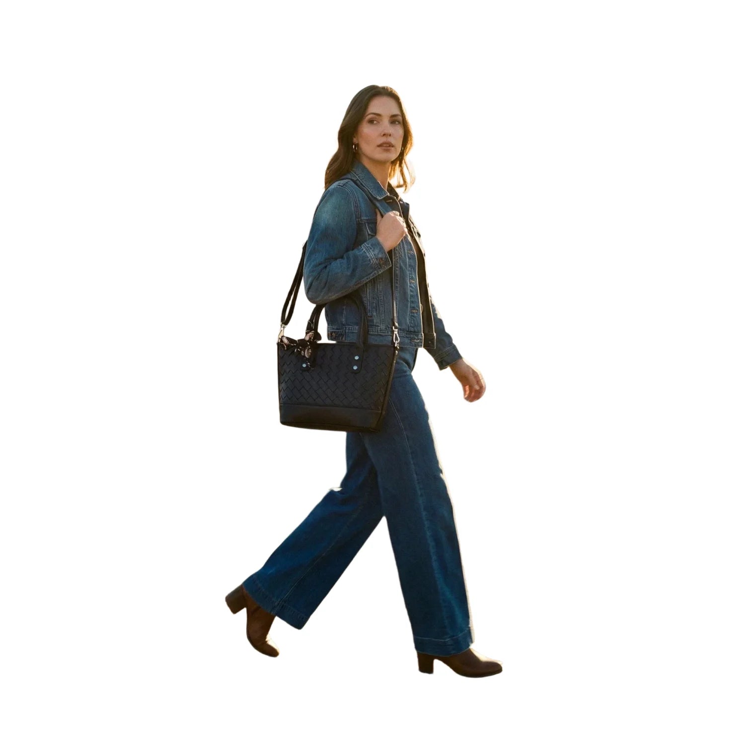 Black Leather Shopper Bag with Woven Texture and Scarf Accent - Stile Donna Bags