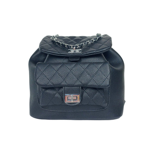 Black Quilted Backpack with Chain Detail - black quilted leather