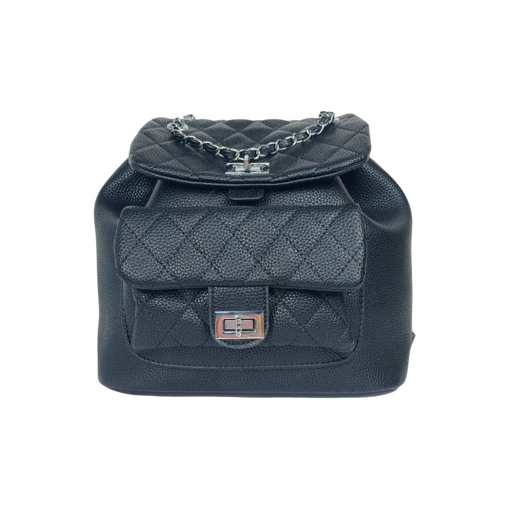 Black Quilted Backpack with Chain Detail - black quilted leather