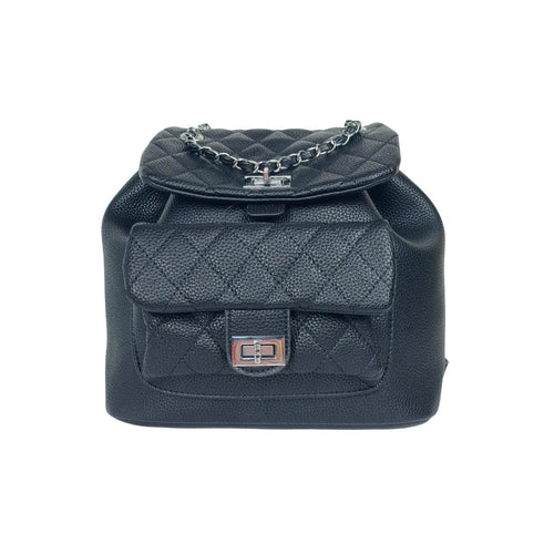 Black Quilted Backpack with Chain Detail - black quilted leather