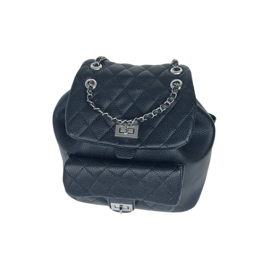 Black Quilted Backpack with Chain Detail - black quilted leather