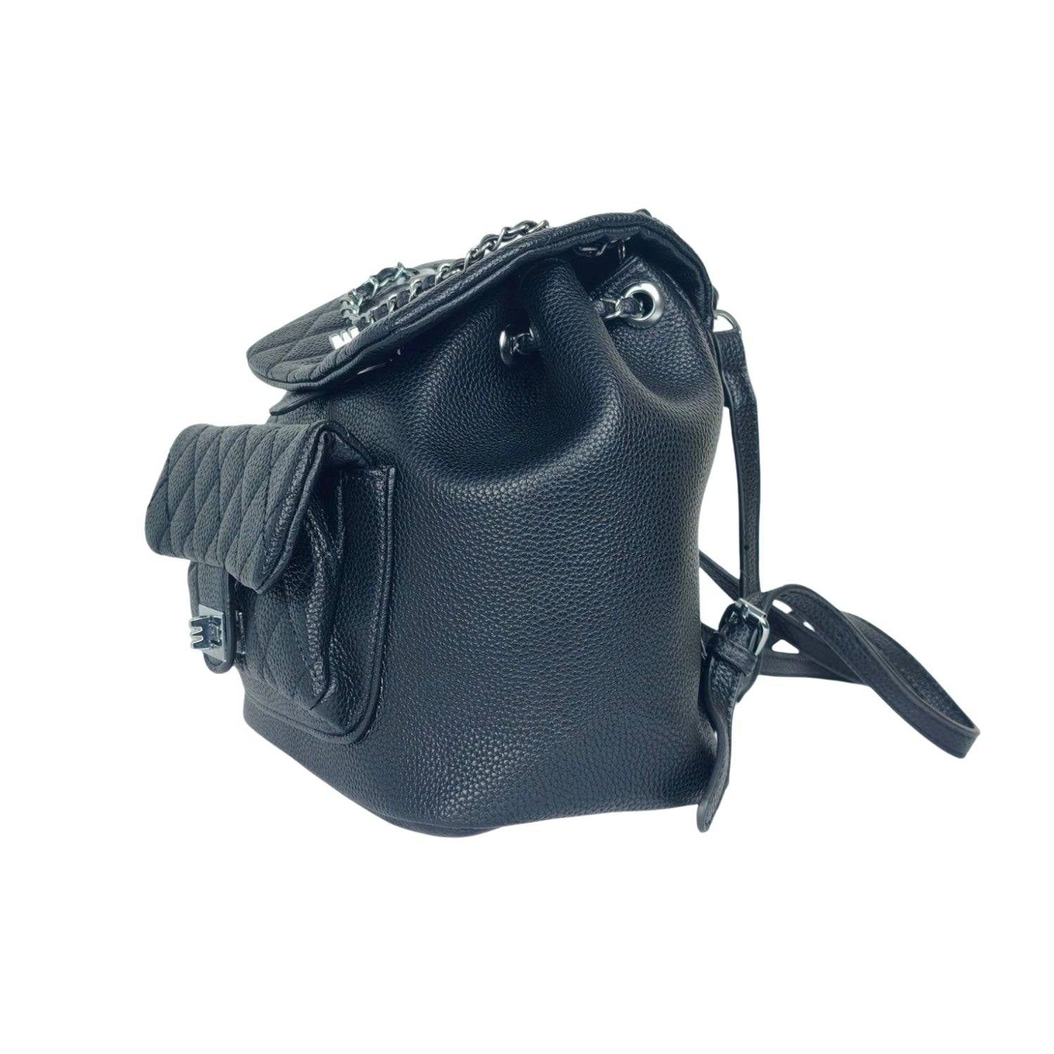 Black Quilted Backpack with Chain Detail - black pebbled leather