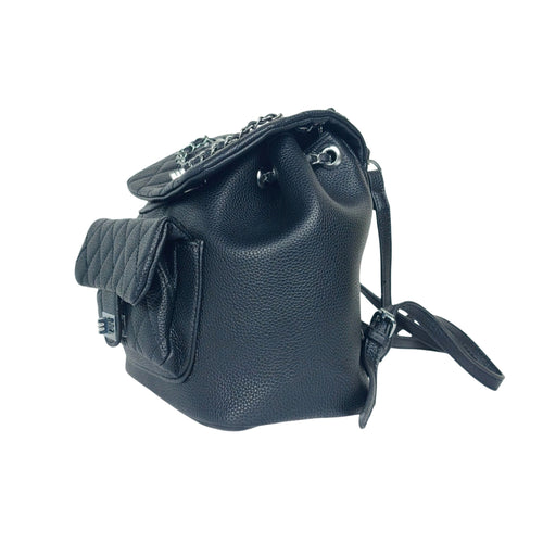 Black Quilted Backpack with Chain Detail - black pebbled leather