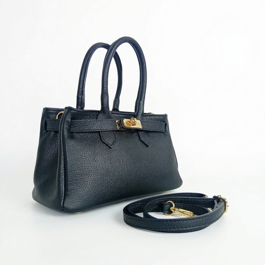Borsa a mano in vera pelle nera con hardware dorato e tracolla staccabile in pelle velinara